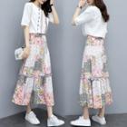 Set: Elbow-sleeve Top + Floral A-line Midi Skirt