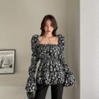 Bell-cuff Square-neck Floral Blouse Black - One Size