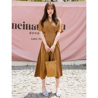 Surplice-wrap Smocked-waist Midi Dress