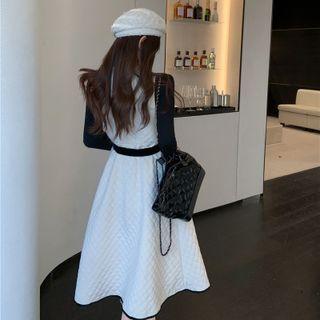 Long-sleeve Top / Double-breasted Quilted Midi A-line Overall Dress