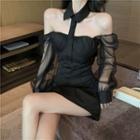 Halter-neck Mesh Panel Mini A-line Dress Black - One Size