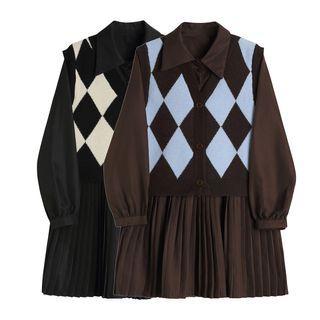 Set: Accordion Pleat Mini A-line Shirtdress + Single-breasted Sweater Vest