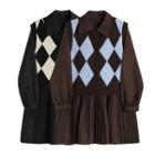 Set: Accordion Pleat Mini A-line Shirtdress + Single-breasted Sweater Vest