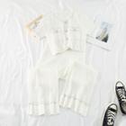 Set: Short-sleeve Buttoned Knit Top + Wide-leg Pants