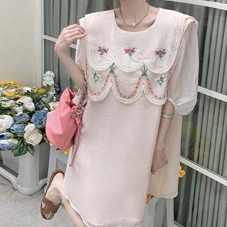 Elbow-sleeve Floral Embroidered Mini Dress