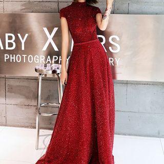 Sequined Cap-sleeve A-line Evening Gown