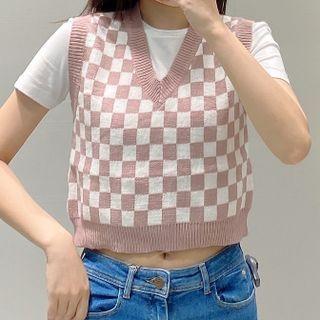 Plaid Sweater Vest Plaid - Dark Pink - One Size