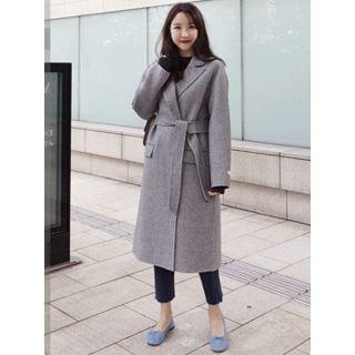 Single-breasted Wool Blend Coat With Sash