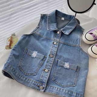 Distressed Denim Sleeveless Jacket Blue - One Size