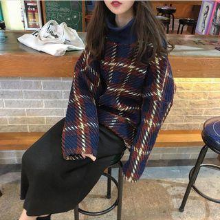 Turtleneck Plaid Sweatshirt / Knit Midi Skirt