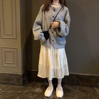 Crew-neck Button Jacket / Mock-neck Long-sleeve Midi A-line Dress