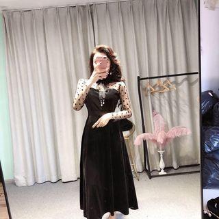 Long-sleeve Dotted Mesh Panel Midi A-line Velevet Dress