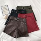 Plain High-waist Faux Leather A-line Shorts With Belt