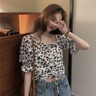 Square-neck Floral Cropped Blouse White - One Size