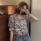 Square-neck Floral Cropped Blouse White - One Size