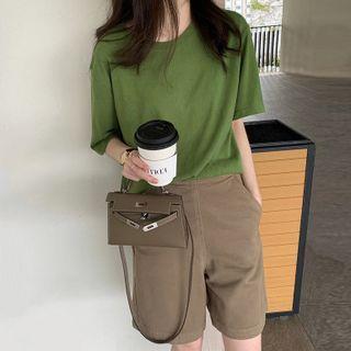 Set Of 2: Short-sleeve Plain T-shirt + High-waist Plain Shorts