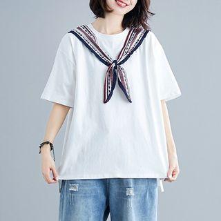 Short-sleeve Scarfed T-shirt White - One Size