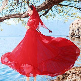 V-neck Crochet Trim Long-sleeve Midi A-line Dress