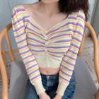 V-neck Striped Shirred Cropped Knit Top As Shown In Figure - One Size