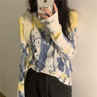 Long-sleeve Tie Dye Knit Top Blue & White & Yellow - One Size