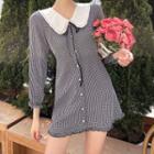 Long-sleeve Collared Frill Trim Check Mini A-line Dress