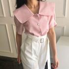 Collared Elbow-sleeve Blouse / High-waist Wide-leg Pants