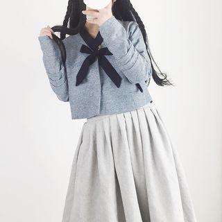 Set: Bow Accent Long-sleeve Top + High Waist A-line Skirt
