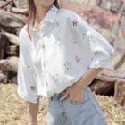 Elbow-sleeve Animal Print Shirt White - One Size