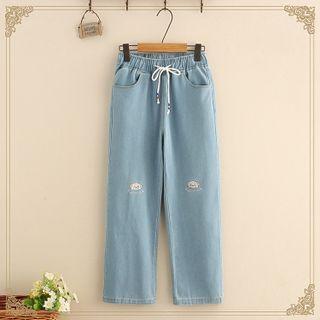 Drawstring Dog / Rabbit Embroidered Jeans
