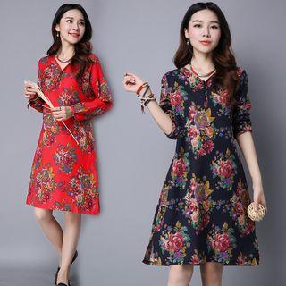 Floral Print V-neck Long Sleeve Dress