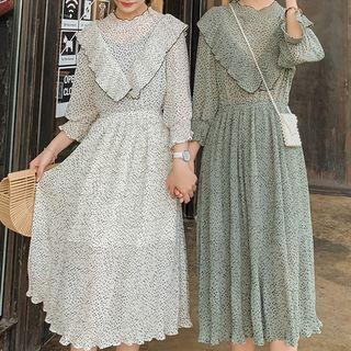 Patterned 3/4-sleeve Midi Chiffon Dress
