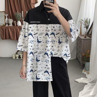 Whale & Fish Print Elbow Sleeve Shirt