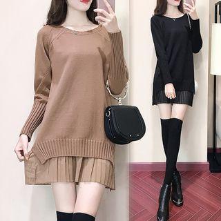 Pleated Hem Long-sleeve Knit Dress