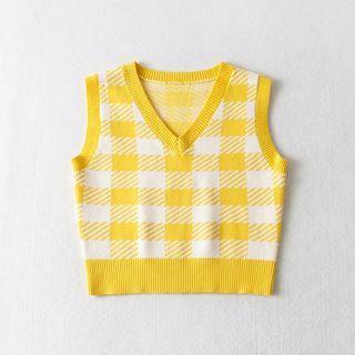 Plaid Sweater Vest Plaid - White & Yellow - One Size