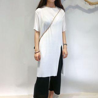 Short-sleeve Plain Slit Dress