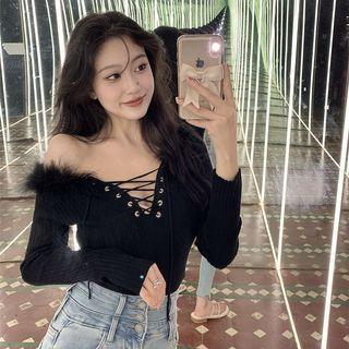Long-sleeve Faux Fur Plain Knit Top