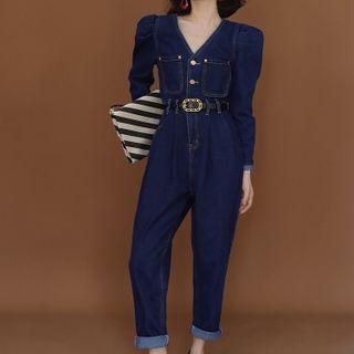 Long-sleeve V-neck Denim Straight Leg Jumpsuit