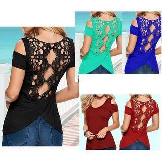 Crochet Lace Panel Cold Shoulder Short-sleeve T-shirt