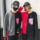 Long Sleeve Color Block Rose Print T-shirt