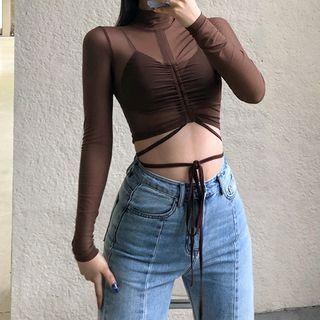 Long-sleeve Mesh Drawstring Mock-neck Crop Top
