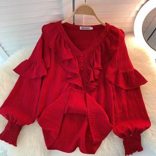 V-neck Long-sleeve Ruffle Chiffon Top