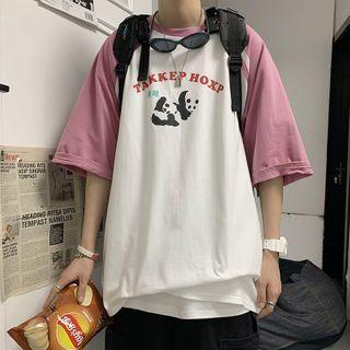 Elbow-sleeve Panda Printed Color Block T-shirt