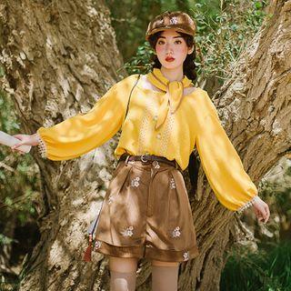 Flower Embroidered Lace Trim Blouse / Neckerchief / Midi A-line Skirt / Set
