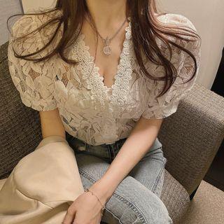V Collar Puff-sleeved Lace Top As Shown In Figure - One Size