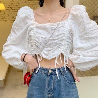 Balloon-sleeve Drawstring Cropped Blouse White - One Size