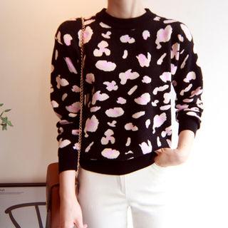 Round-neck Printed Knit Top Black - One Size