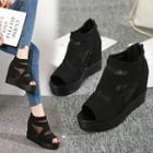 Faux Leather Platform Wedge Peep-toe Ankle Boots