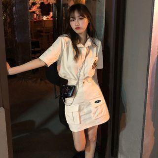 Set: Short-sleeve Shirt + Flap-pocket Mini A-line Skirt