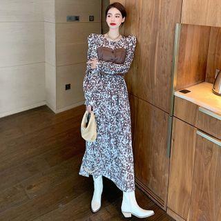Floral Print Long-sleeve Maxi A-line Dress / Faux Leather Camisole Top