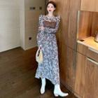 Floral Print Long-sleeve Maxi A-line Dress / Faux Leather Camisole Top